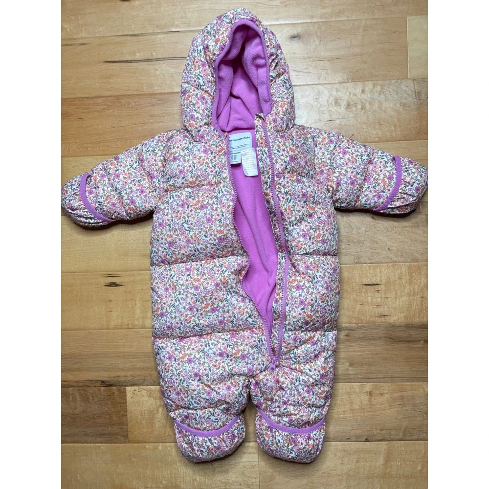 Amazon Essentials Snowsuit Girls 18M Pink Floral Quilted Fleece Lined Bunting